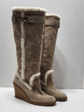 Coach Signature Suede & Fur Jonie Wedge Boots - Size 9